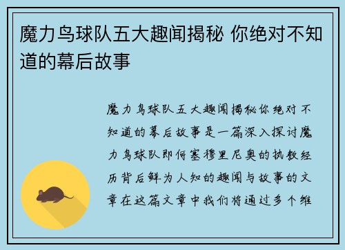 魔力鸟球队五大趣闻揭秘 你绝对不知道的幕后故事
