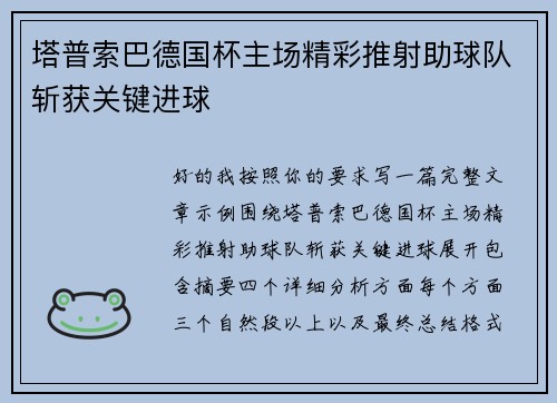 塔普索巴德国杯主场精彩推射助球队斩获关键进球
